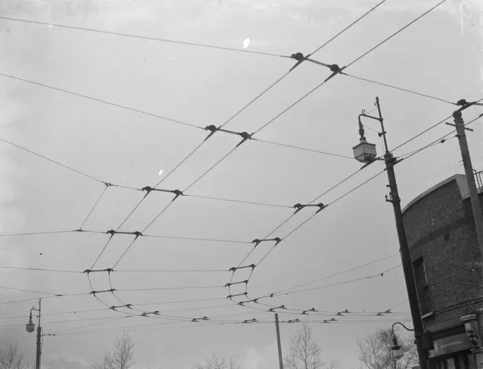 Framed Print : Overhead electrical trolleybus wires. 1937 Framed Print : Overhead electrical trolleybus wires. 1937