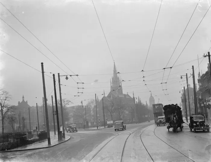 Framed Print : Overhead electrical trolleybus wires. 1937 Framed Print : Overhead electrical trolleybus wires. 1937