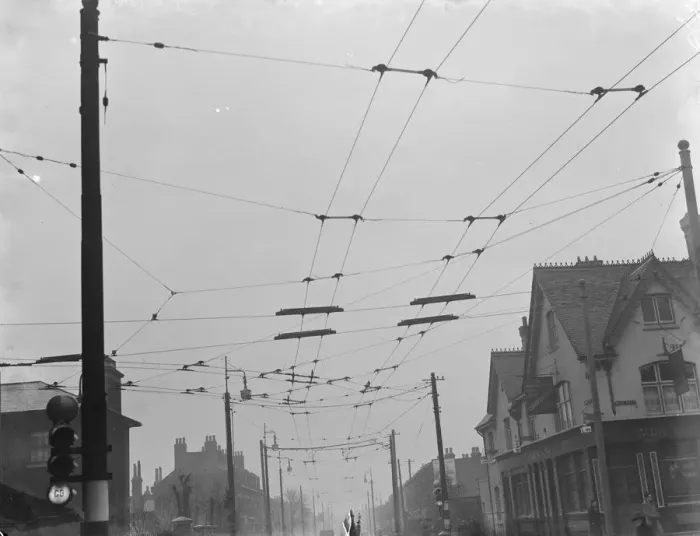 Framed Print : Overhead electrical trolleybus wires. 1937 Framed Print : Overhead electrical trolleybus wires. 1937