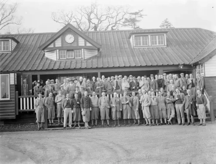 Framed Print : Oxford versus Cambridge golf beat at Sidcup. The players outside the clubhouse