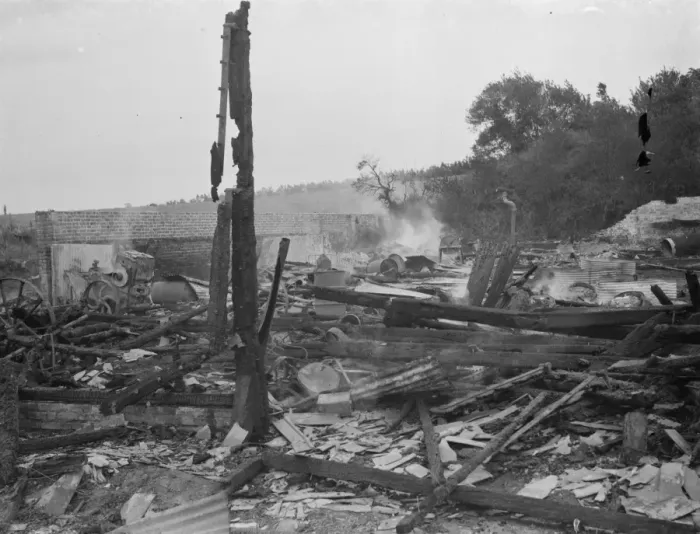 Framed Print : Padham farm fire in Swanley. The charred remains. 1936 Framed Print : Padham farm fire in Swanley. The charred remains. 1936