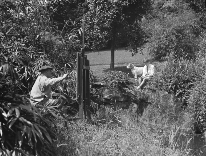 Framed Print : Painting and fishing in the gardens of Oakhill. 1928 Framed Print : Painting and fishing in the gardens of Oakhill. 1928