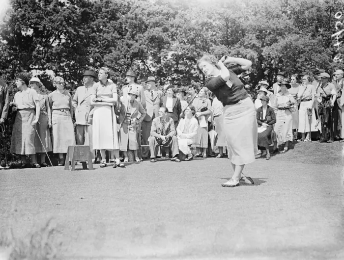Framed Print : Pam Barton in play in the womens international golf match. Britain met France in Framed Print : Pam Barton in play in the womens international golf match. Britain met France in