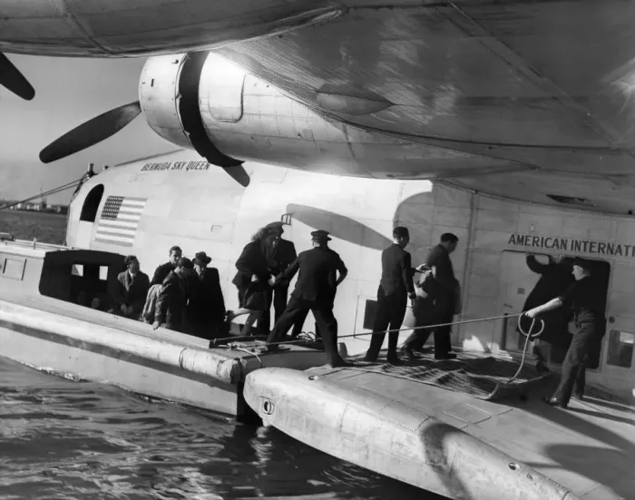 Framed Print : Passengers boarding a flying boat the Bermuda Sky Queen leaving Poole for America Framed Print : Passengers boarding a flying boat the Bermuda Sky Queen leaving Poole for America