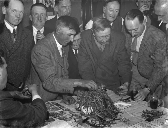 Framed Print : Paying in night at the Rat and Sparrow Club in Eynsford, Kent. Men examine Framed Print : Paying in night at the Rat and Sparrow Club in Eynsford, Kent. Men examine