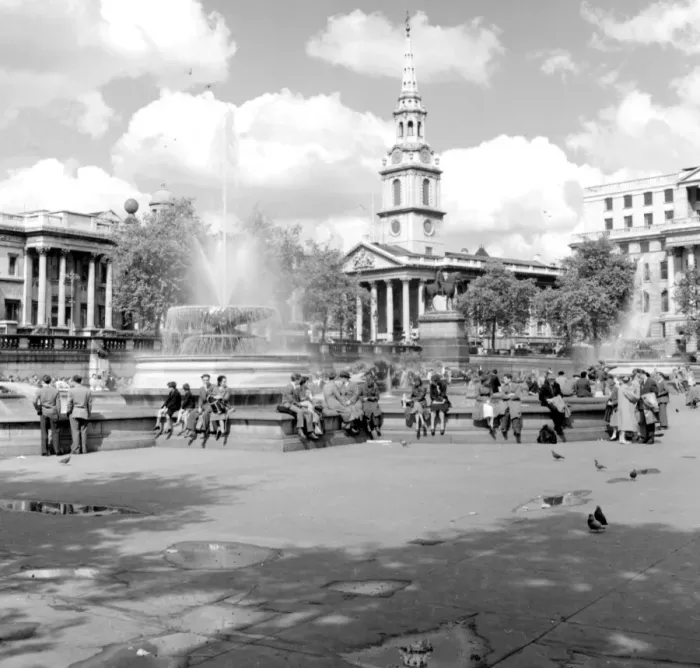 Framed Print : People around the fountains in Trafalgar Square with St. Magnus the Martyr in background Framed Print : People around the fountains in Trafalgar Square with St. Magnus the Martyr in background