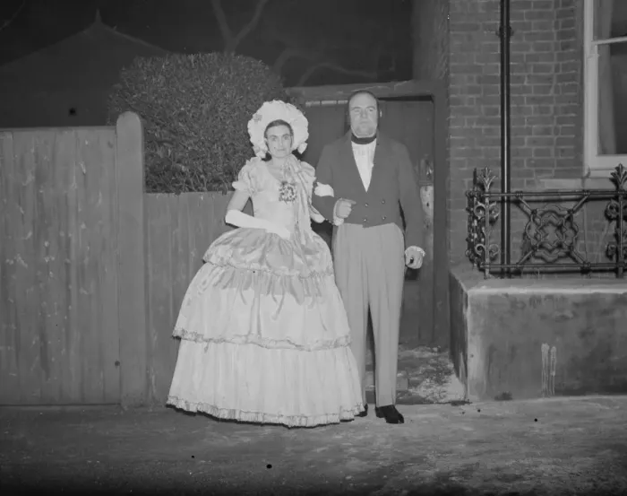 Framed Print : Photographer, Mr John Topham with Miss Haken, dressed in Victorian costume. 1938 Framed Print : Photographer, Mr John Topham with Miss Haken, dressed in Victorian costume. 1938