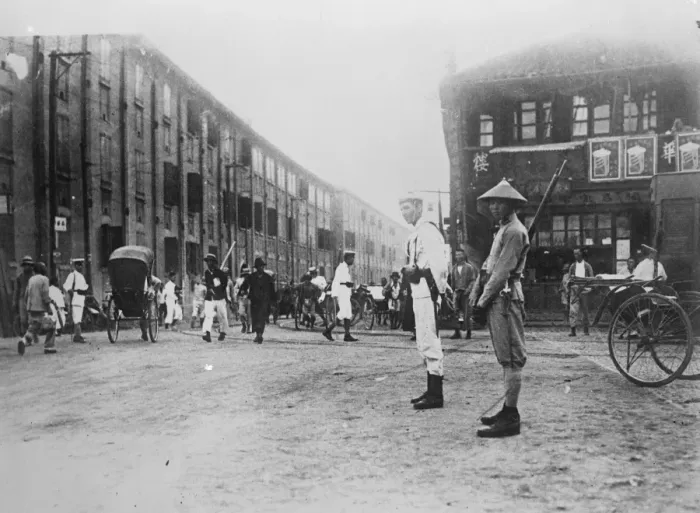 Framed Print : Plenty police in Shanghai. This typical scene in Shanghai shows the boundary between Framed Print : Plenty police in Shanghai. This typical scene in Shanghai shows the boundary between