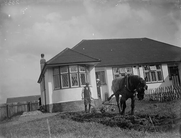 Ploughing up a bungalows front garden in Sidcup. Agriculture in the suburbs. 1935