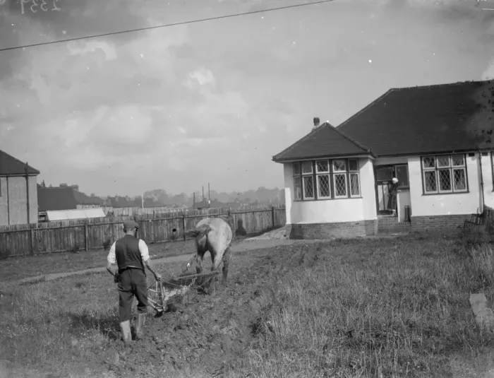 Framed Print : Ploughing up a bungalows large front garden in Sidcup. Agriculture in the suburbs