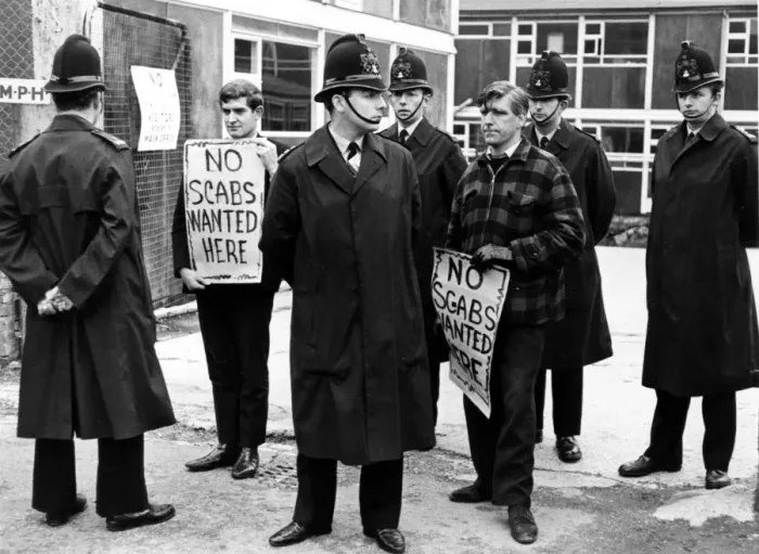 Framed Print : Police ring Barbican building site. More than 100 City police faced hundreds of Framed Print : Police ring Barbican building site. More than 100 City police faced hundreds of