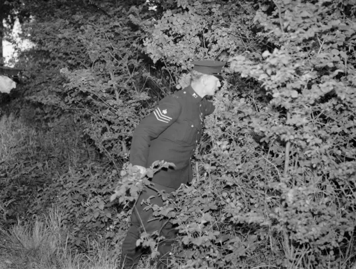 Framed Print : Police search the undergrowth for the lost child in Northcray, Kent