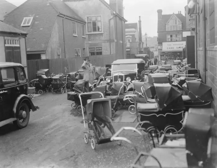 Framed Print : Prams outside a hall in Dartford, Kent, where the baby show is taking place Framed Print : Prams outside a hall in Dartford, Kent, where the baby show is taking place