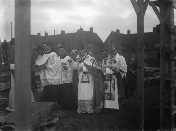 Framed Print : A priest blesses the building of the Roman Catholic church in Eltham. 1936 Framed Print : A priest blesses the building of the Roman Catholic church in Eltham. 1936