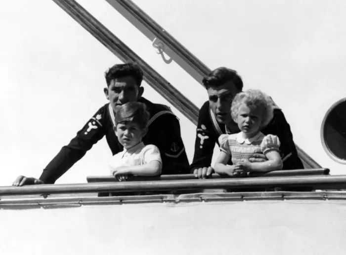 Framed Print : Prince Charles and Princess Anne on board the Royal yacht Britannia sailing into Framed Print : Prince Charles and Princess Anne on board the Royal yacht Britannia sailing into