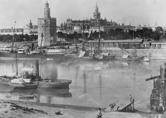 Framed Print : Prince of Wales visit to Spain. Shipping in Guadalquivir, showing the Terre Del Orc Framed Print : Prince of Wales visit to Spain. Shipping in Guadalquivir, showing the Terre Del Orc