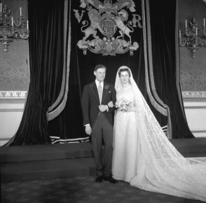 Framed Print : Princess Alexandra of Kent wearing a gown of magnolia tinted lace, embroided with acorns Framed Print : Princess Alexandra of Kent wearing a gown of magnolia tinted lace, embroided with acorns
