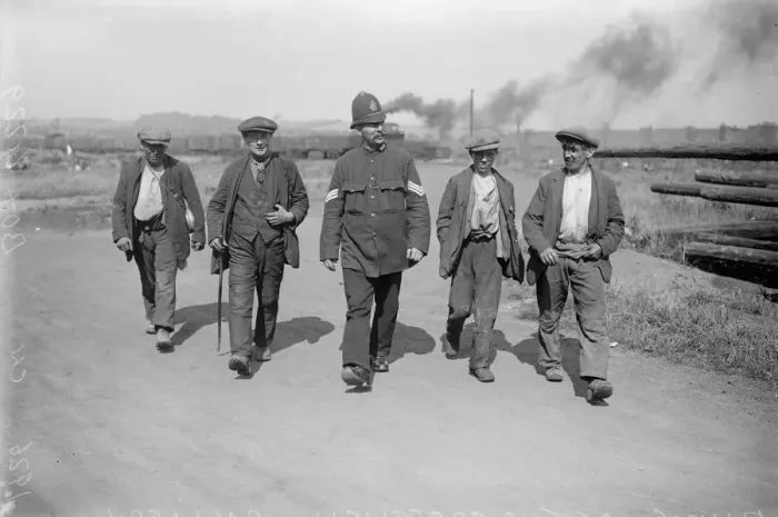 Framed Print : The problem of the pits. Miners leaving the Cresswell Colliery under the protection Framed Print : The problem of the pits. Miners leaving the Cresswell Colliery under the protection