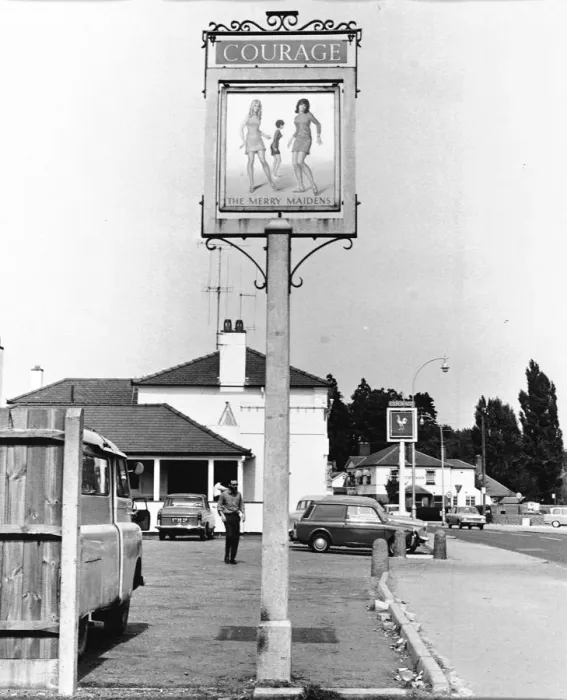 Framed Print : Pub sign for The Merry Maidens at Shinfield, Reading, England 1960s Framed Print : Pub sign for The Merry Maidens at Shinfield, Reading, England 1960s