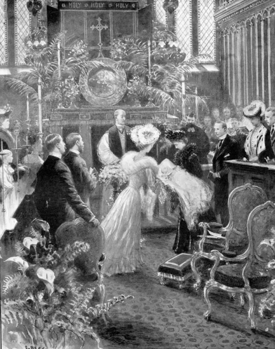 Framed Print : The Queen as Godmother at the christening of Prince Henry of Plesss infant son in the Chapel Royal Framed Print : The Queen as Godmother at the christening of Prince Henry of Plesss infant son in the Chapel Royal