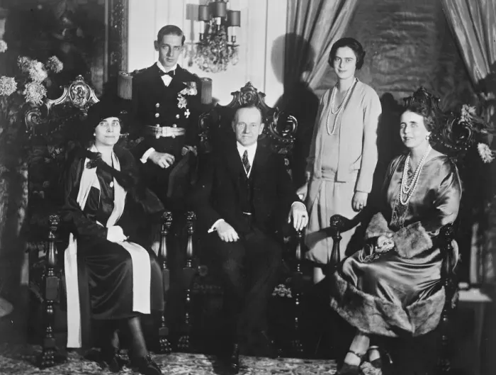 Framed Print : Queen Maria of Romania, Princess Ileana, Prince Nicholas, with President and Mrs Framed Print : Queen Maria of Romania, Princess Ileana, Prince Nicholas, with President and Mrs