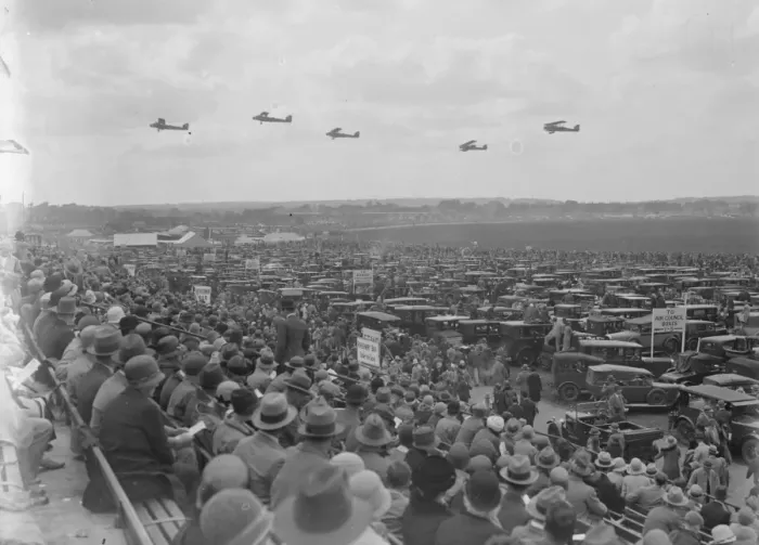 Framed Print : The RAF Display at Hendon The Car park. In the air can be see five Handley Page Framed Print : The RAF Display at Hendon The Car park. In the air can be see five Handley Page