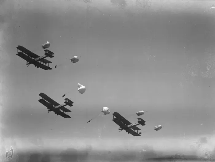 Framed Print : RAF Pageant at Hendon. Six parachutists leaving three RAF Vickers Vimy bombers Framed Print : RAF Pageant at Hendon. Six parachutists leaving three RAF Vickers Vimy bombers