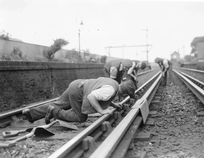 Framed Print : A railwayman gauging railway lines in Sidcup, Kent. 1937 Framed Print : A railwayman gauging railway lines in Sidcup, Kent. 1937