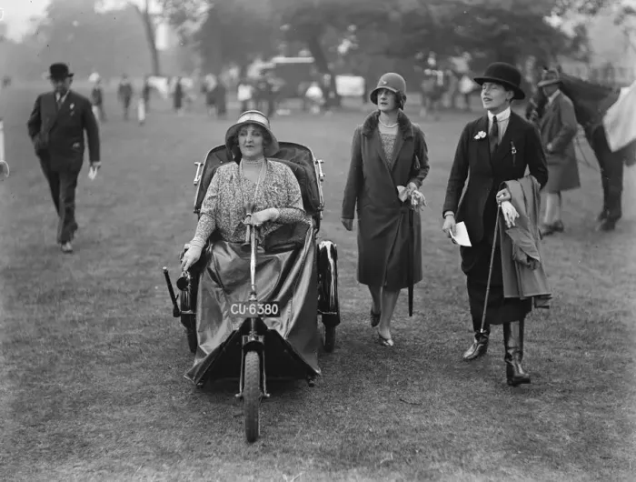 Framed Print : Ranelagh horse show. Lady Weigall in an electric bath chair. 12 June 1929 Framed Print : Ranelagh horse show. Lady Weigall in an electric bath chair. 12 June 1929