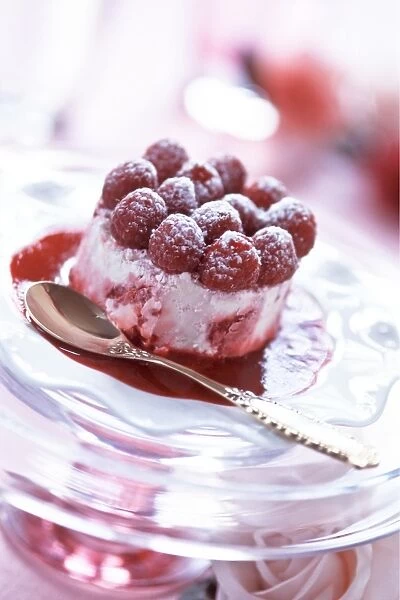 Raspberry icecream topped with fresh raspberries as special party dessert. credit