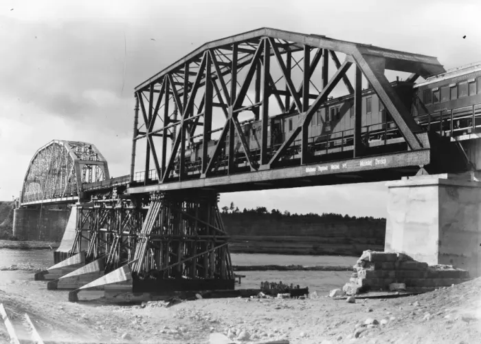 Framed Print : Reconstruction of Poland A newly constructed railway bridge crossing the river Niemen Framed Print : Reconstruction of Poland A newly constructed railway bridge crossing the river Niemen