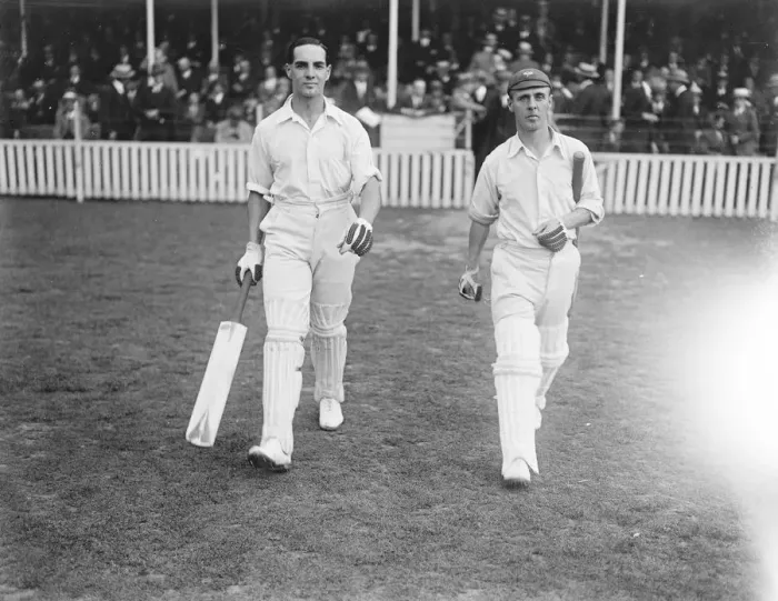 Framed Print : Record crowd watches. Great stand for Yorkshire. Sutcliffe and Oldroyd going out to bat Framed Print : Record crowd watches. Great stand for Yorkshire. Sutcliffe and Oldroyd going out to bat