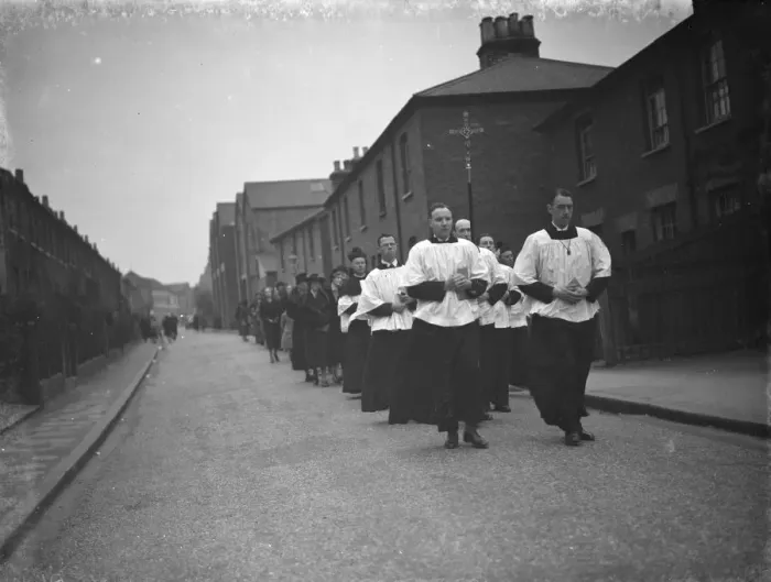 Framed Print : Religious procession during the Good Friday observances in Chislehurst, Kent Framed Print : Religious procession during the Good Friday observances in Chislehurst, Kent