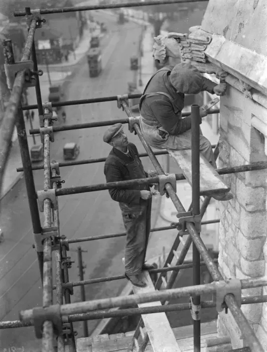 Framed Print : Repairing Eltham Church tower. 1937 Framed Print : Repairing Eltham Church tower. 1937