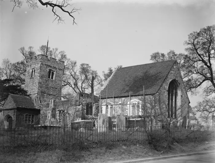 Framed Print : Restoring a church which has been stripped by vandals. Chingfords old Church of St Peter