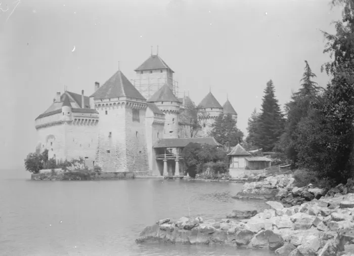 Framed Print : Restoring The Famous Chillon Castle, on the banks of Lake Geneva in Switzerland