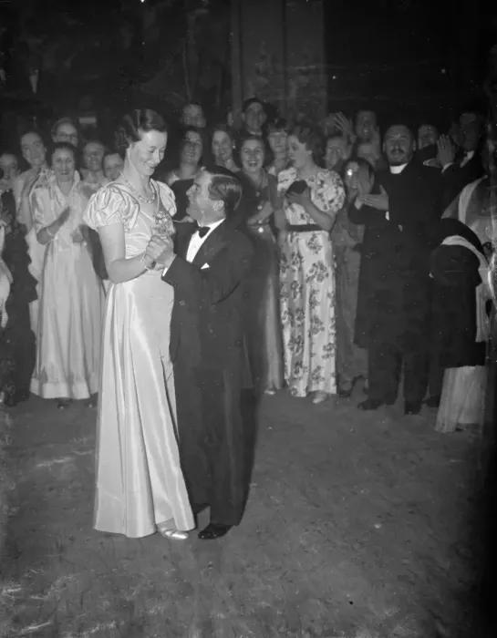 Framed Print : Retired champion jockey, Steve Donoghue and a young lady lead the first dance Framed Print : Retired champion jockey, Steve Donoghue and a young lady lead the first dance