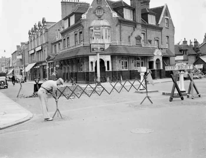 Framed Print : A road barricade for road works in Bromley, Kent. 1937 Framed Print : A road barricade for road works in Bromley, Kent. 1937