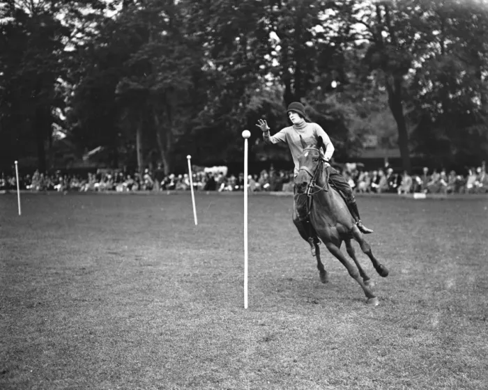 Framed Print : Roehampton Club Pony Gymkhana Miss Cecilie Nickalls taking a ball from the post Framed Print : Roehampton Club Pony Gymkhana Miss Cecilie Nickalls taking a ball from the post