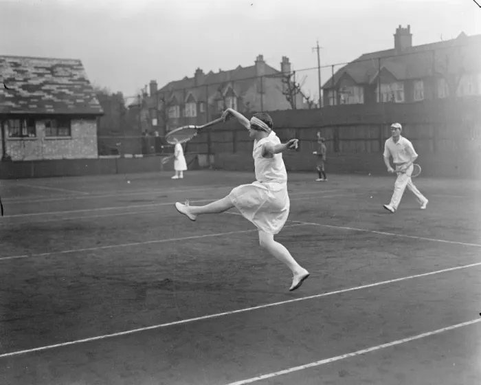 Framed Print : Roehampton Hard Court lawn Tennis in London Miss E Collyer playing 8 April 1923 Framed Print : Roehampton Hard Court lawn Tennis in London Miss E Collyer playing 8 April 1923