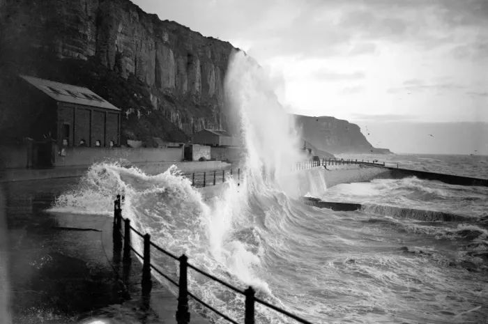 Framed Print : Rough seas at by the cliffs at Hastings, Kent. 1 February 1936 Framed Print : Rough seas at by the cliffs at Hastings, Kent. 1 February 1936
