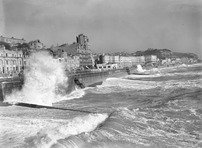 Framed Print : Rough seas at Hastings. 1 February 1938 Framed Print : Rough seas at Hastings. 1 February 1938