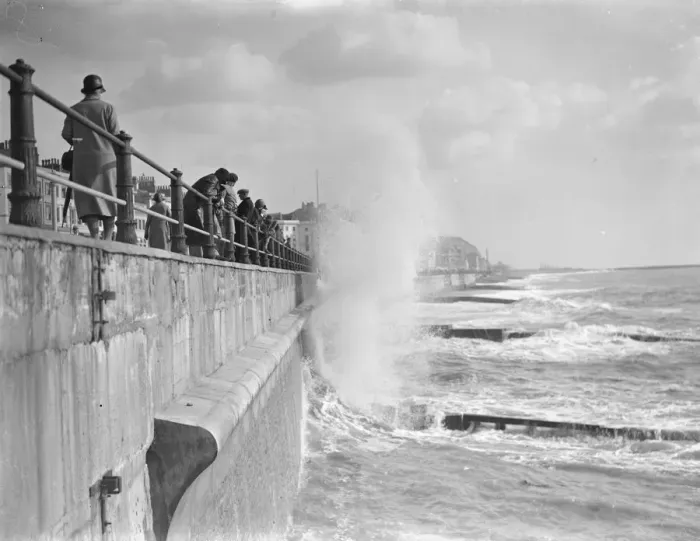 Framed Print : Rough seas at Hastings 5 October 1934