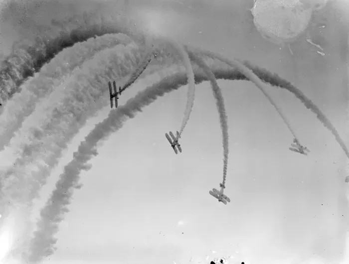 Framed Print : Royal Airforce Bristol Bulldog fighter planes fly in formation during a smoke display