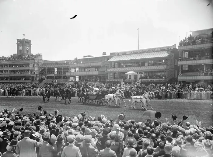 Framed Print : Royal Ascot. The scene as the Royal Procession passes down the course. 18 June 1924 Framed Print : Royal Ascot. The scene as the Royal Procession passes down the course. 18 June 1924