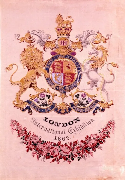 Framed Print : Royal Coat of Arms - Souvenir of the International Exhibition of 1862 made of silk Framed Print : Royal Coat of Arms - Souvenir of the International Exhibition of 1862 made of silk