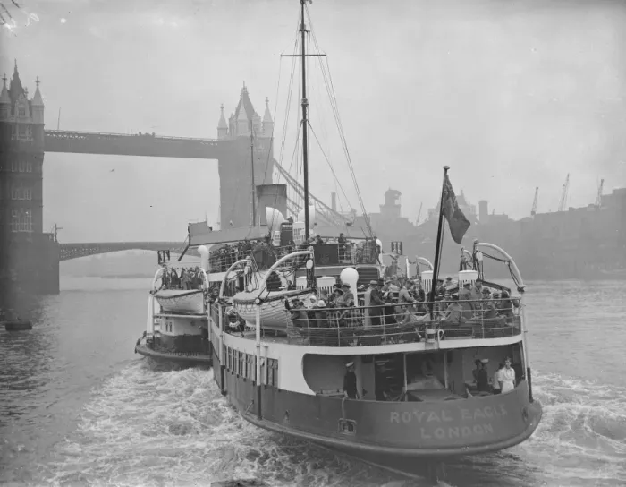 Framed Print : The Royal Eagle leaving tower Tower pier crowded with holidaymakers 20 June 1936 Framed Print : The Royal Eagle leaving tower Tower pier crowded with holidaymakers 20 June 1936
