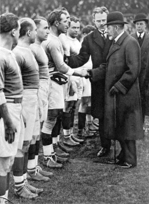 Framed Print : Royal interest in International Rugger The King shaking hands with the French team
