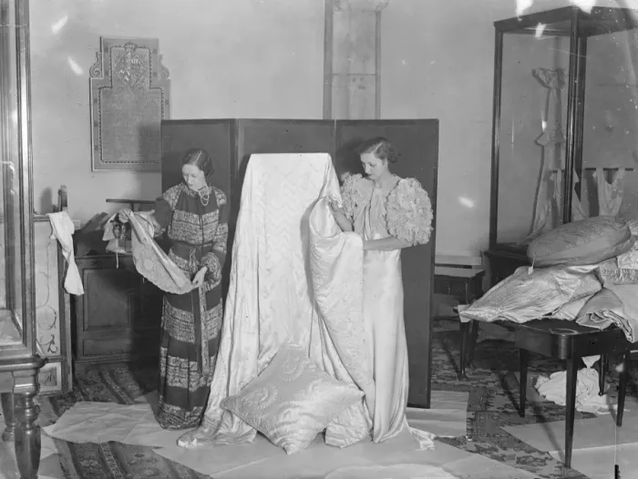 Framed Print : Royal School of Needlework prepares for exhibition to be opened by Duchess of York, Surbiton Framed Print : Royal School of Needlework prepares for exhibition to be opened by Duchess of York, Surbiton