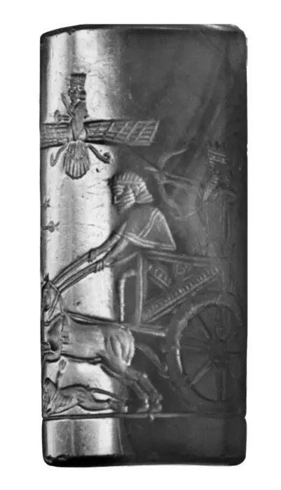 Framed Print : Royal Seal of Darius I engraved with a picture of the king hunting from his chariot Framed Print : Royal Seal of Darius I engraved with a picture of the king hunting from his chariot